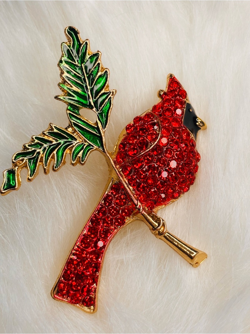 Red Cardinal Rhinestone Bird Brooch Gold Tone Green Branch